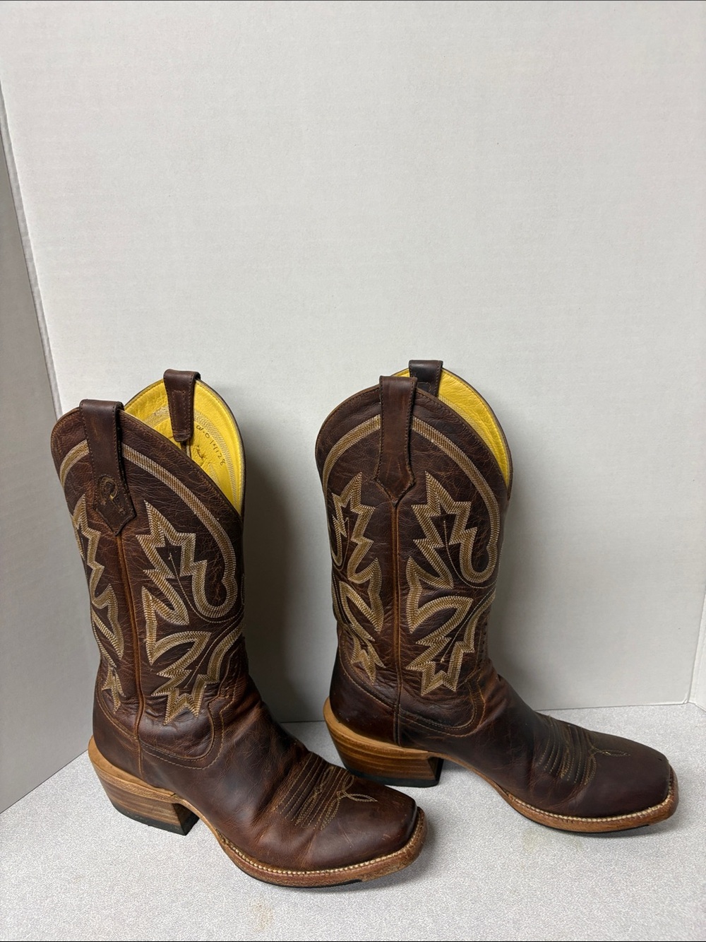 Brown Embroidered Western Heeled Boots with Yellow Lining